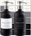 Hand and Dish Soap Dispenser for Kitchen and Bathroom, Set of 2 16 Oz Glass Bottles, Stainless Steel Pumps, Non-Slip Silicone Base, 27 Waterproof Labels (Matte Black Bottle/Brushed Silver Pump)