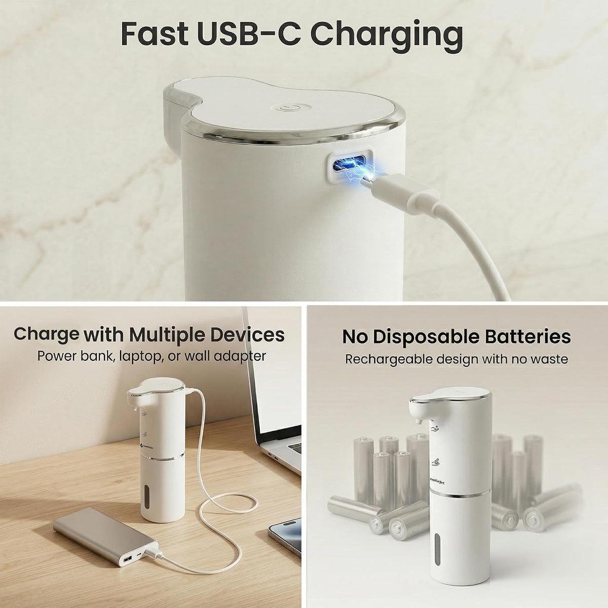GentleJet JetFoam Automatic Foam Soap Dispenser Touchless Sensor, USB-C Rechargeable, Adjustable Output, IPX5 Waterproof, 300 ml, Bathroom & Kitchen Countertop