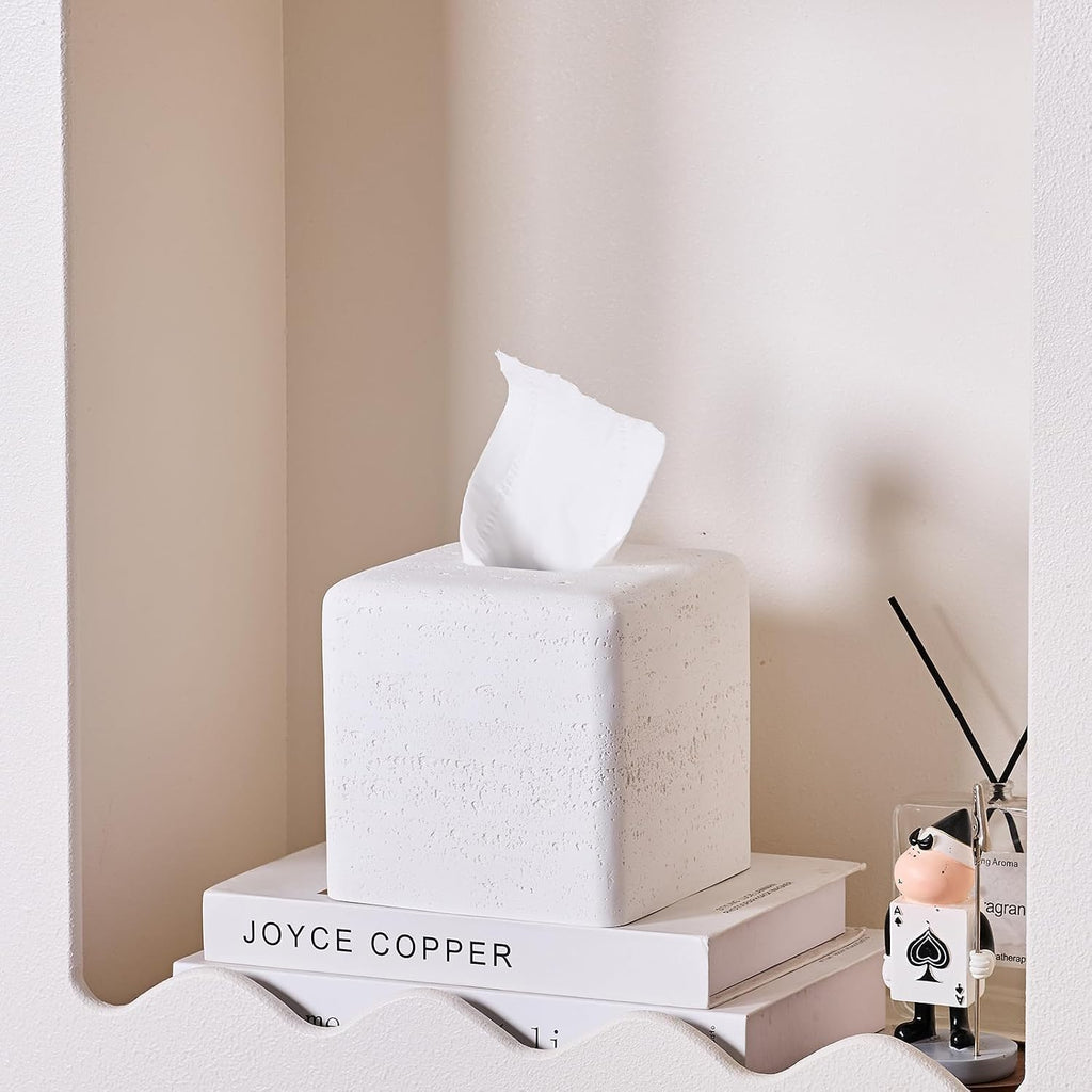 Travertine Look Square Tissue Box Cover for Bathroom Counter, Nightstand