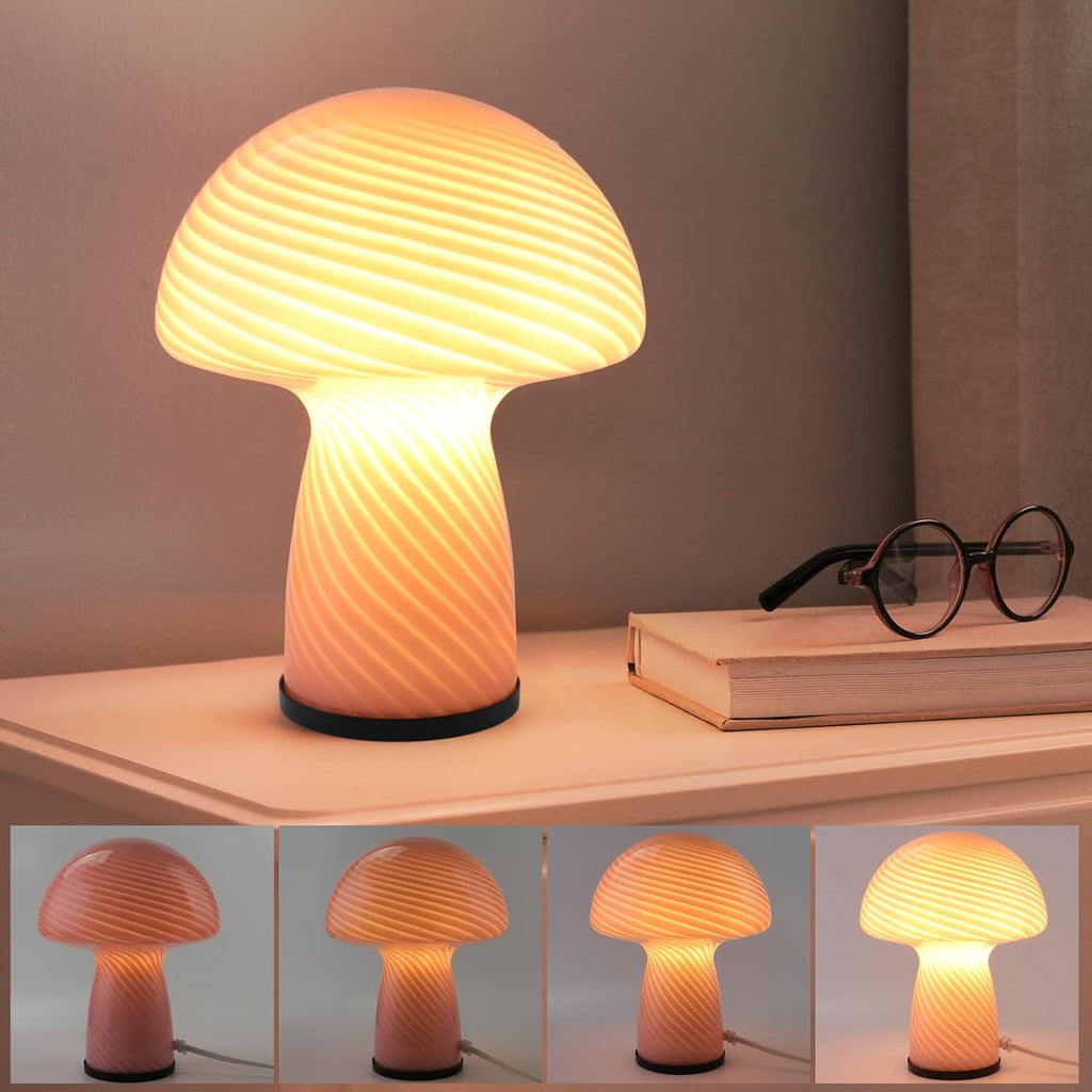 NOTOC Mushroom lamp,Dimmable Glass Table Lamp,Vintage Style Table Lamp,Stripe Pink Bedside Desk lamp,Cute Table Lamps.（LED Bulbs Included）
