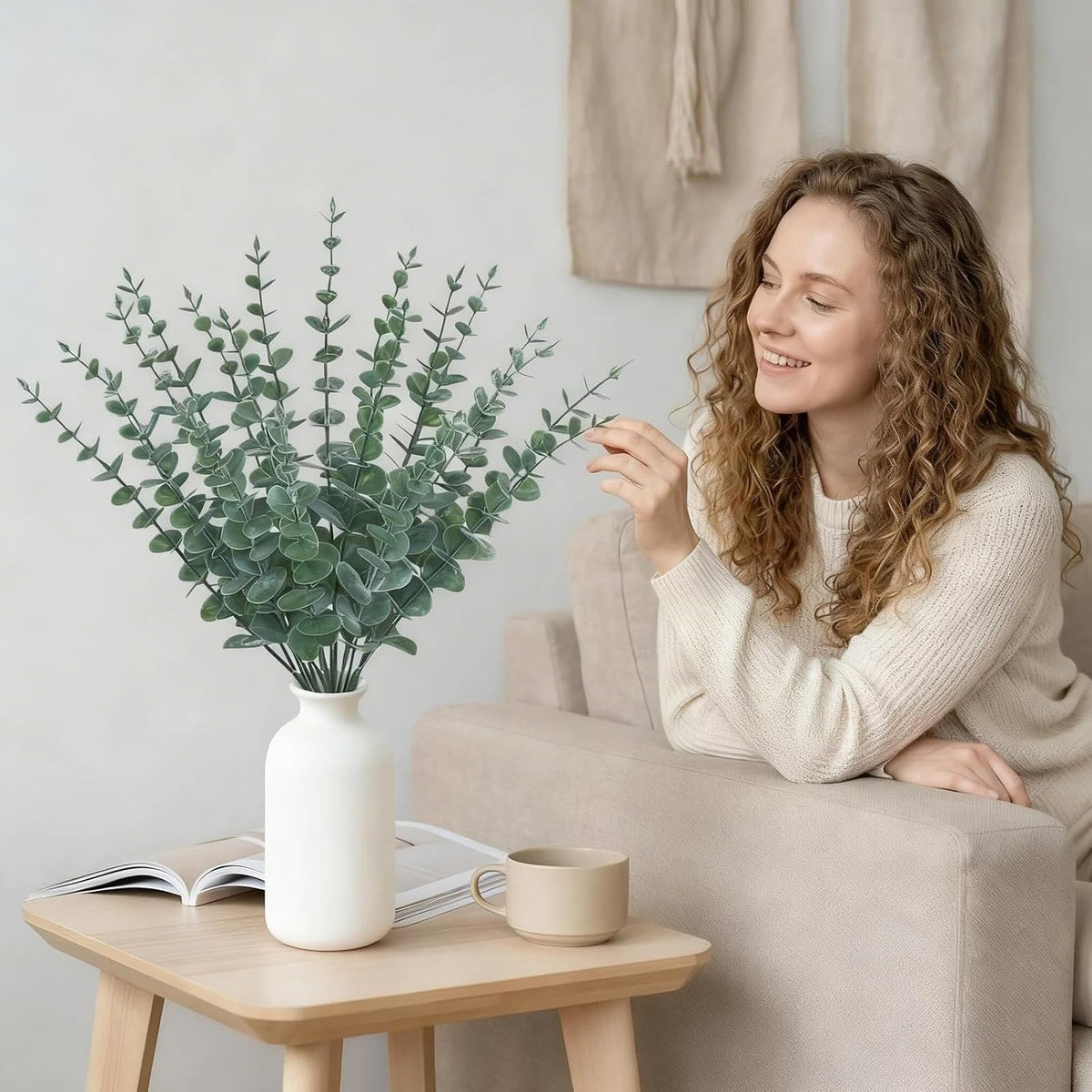 20Pcs 16" Artificial Eucalyptus Plant in Frosted Ceramic Vase for Desk