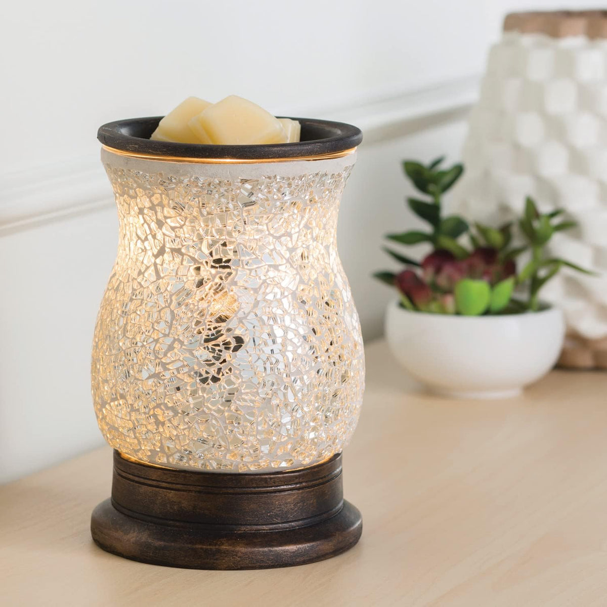 Candle Warmers ETC. Illumination Fragrance Warmer- Light-Up Warmer for Warming Scented Candle Wax Melts and Tarts or to Freshen Room, Reflection Mosaic Silver Glass