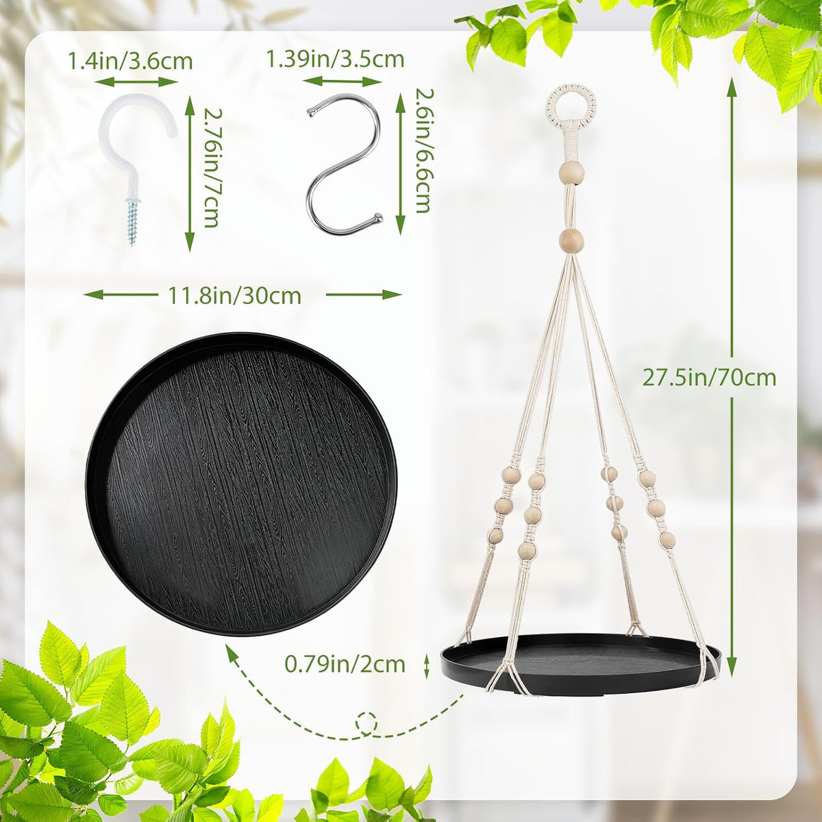 GREANER Macrame Plant Shelf Hangers, 1 Pack Large Hanging Baskets with Handmade Cord, Hanging Plant Holders for Home Garden Balcony Decor(Black)