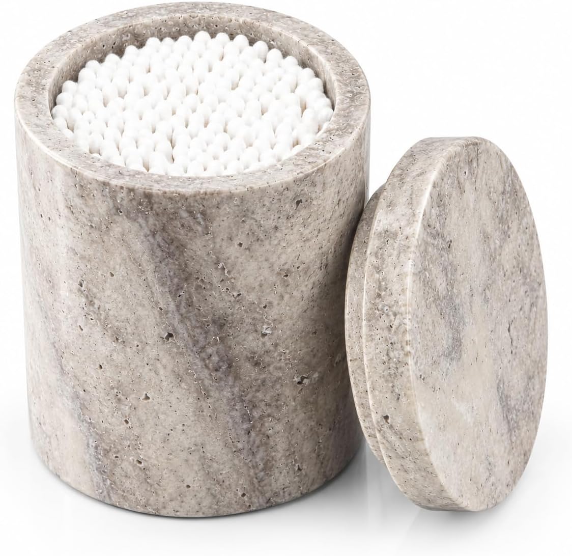 Natural Marble Canister, Cotton Swab Holder with Lid