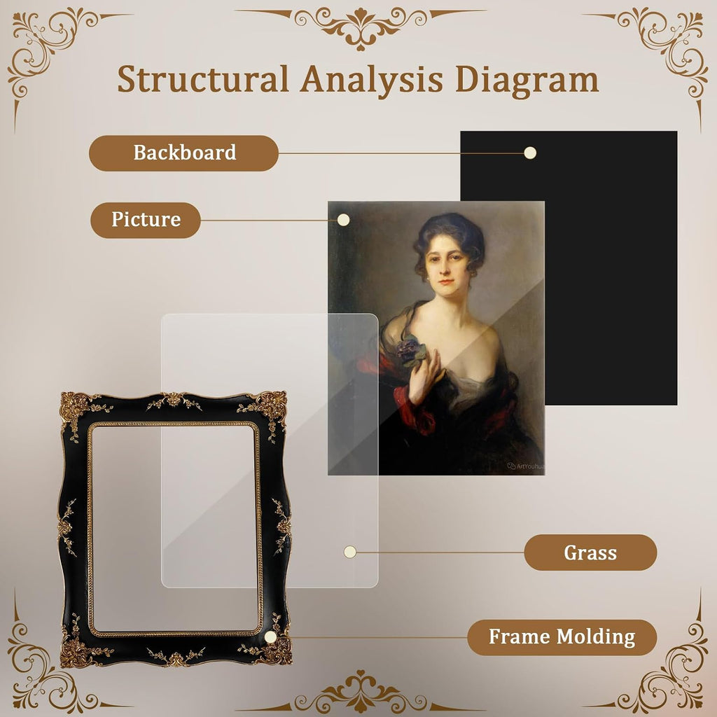 8x10 Resin Picture Frames Embossed Vines Design Photo Frame with Easel & Hook Picture Hanging Kit with Glass Front for Tabletop & Wall Hanging Vintage Room Home Decor (Black)