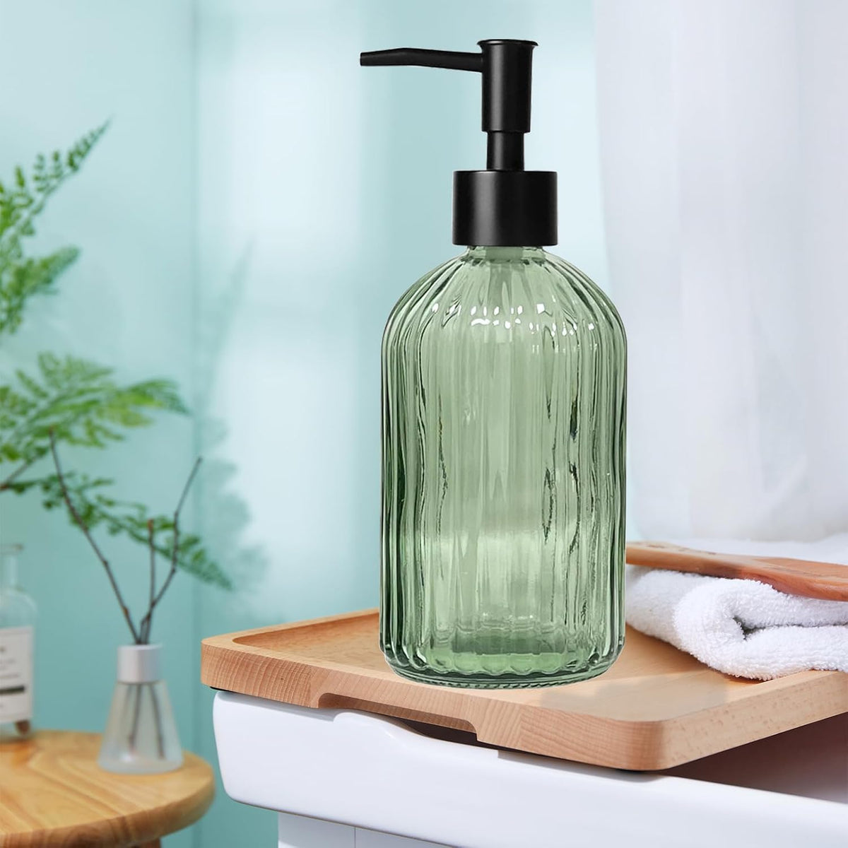 14Oz Green Glass Soap Dispenser with Plastic Pump, for Kitchen, Bathroom