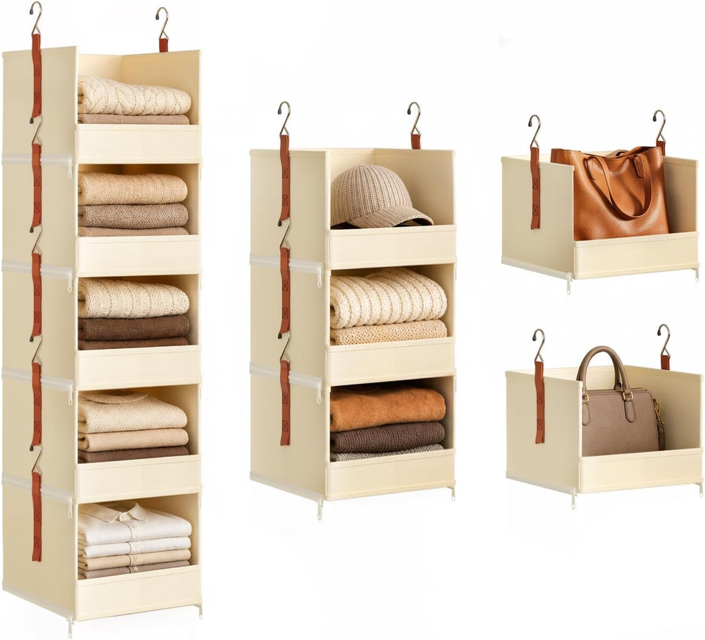 DIMJ Hanging Closet Organizer - 5-Tier Modular Hanging Shelves with Zippers Hooks, Collapsible Baskets for RV, Dorm, Small Spaces, Fabric Storage Bins for Clothes, Handbags