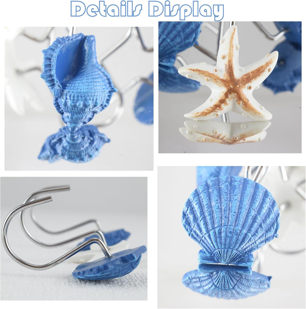 12PC Coastal Blue Shower Curtain Hooks Rings with Starfish Seashell