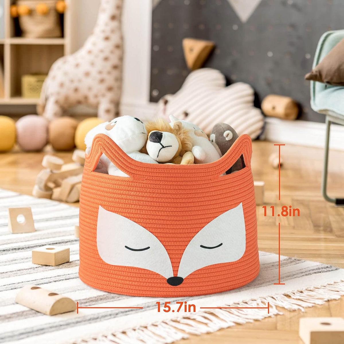 Fox Large Woven Rope Toy Basket for Home Décor, Orange