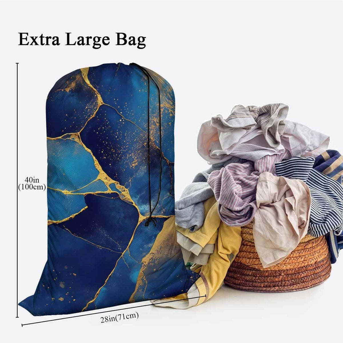 Swono Abstract Fluid Art Large Capacity Laundry Hamper Basket Alcohol Ink Painting Golden Swirls Storage Baskets for Bedroom, Bathroom, Dorm, Washing Room, Oxford Cloth, Blue