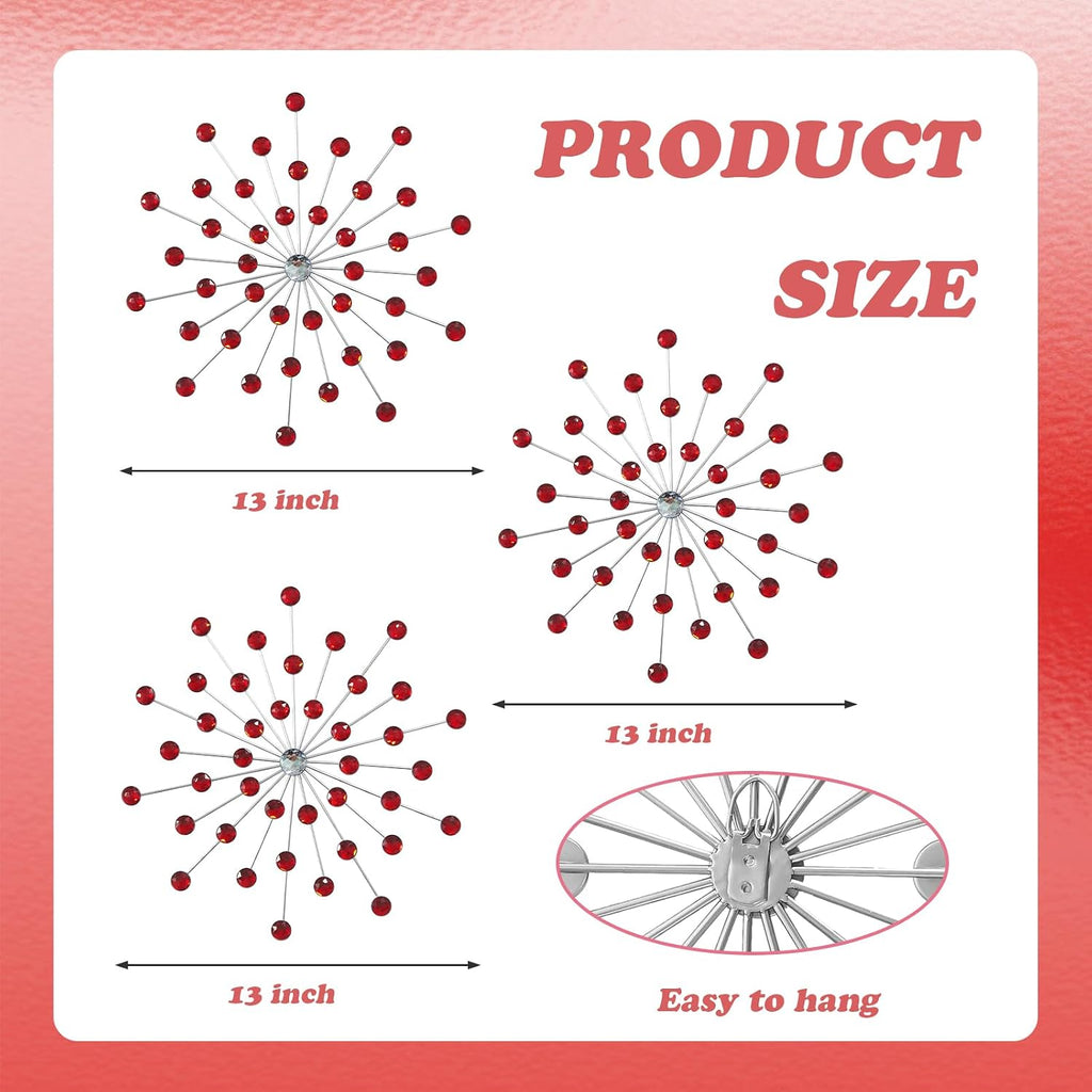 ZEXUIRU 3 Set Silver Starburst Wall Art for Home Decor Metal Bling Crystal Rhinestones Sunburst Wall Decor Sparkling Rhinestone Art Accent Silver - 13in