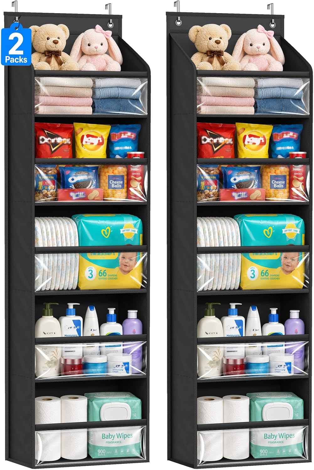 AOODA 2 Pack Over the Door Organizer, Large Capacity Closet Door Hanging Organizer, Clear Deep Pockets Baby Storage for Nursery, Bathroom, Bedroom, Pantry, Diapers (Black)