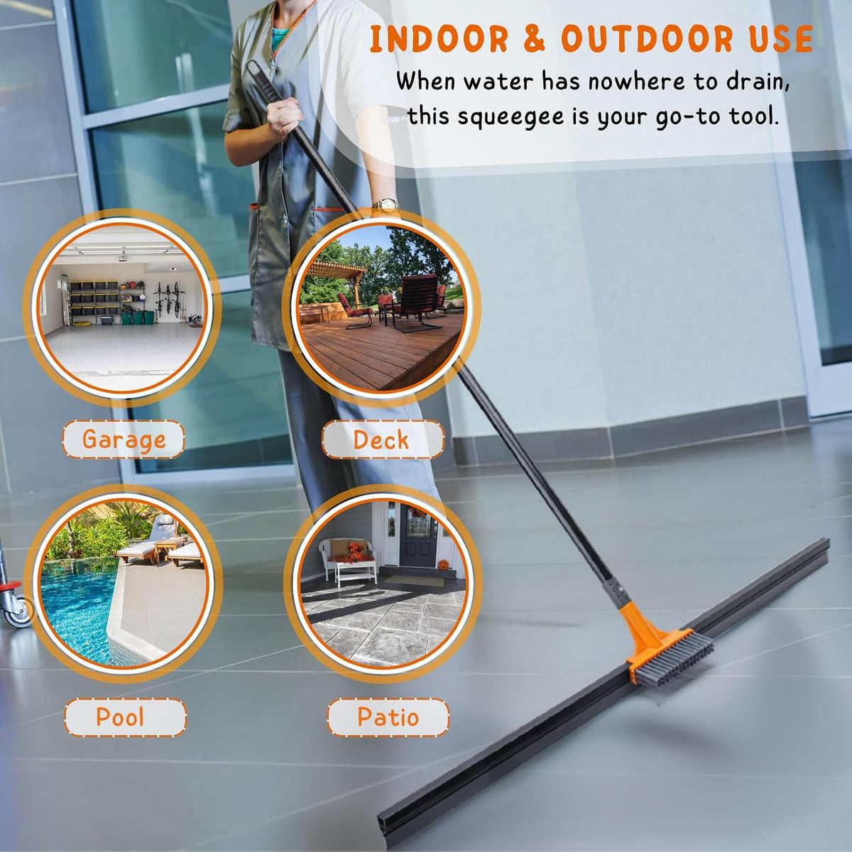 Floor Squeegee Broom, 56’’ Long Handle Water Wiper with Small Brush, 30'' Large Heavy Duty Household Squeegee for Concrete, Epoxy, Garage, Deck Cleaning