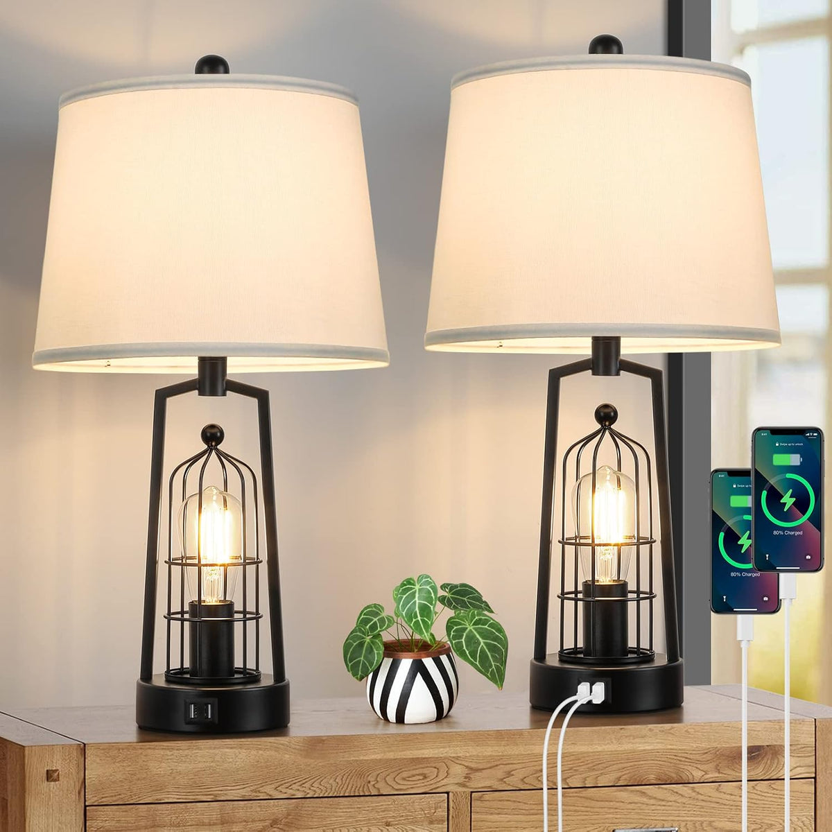 Farmhouse Table Lamps with 2 USB Ports, Set of 2 Rustic Industrial Desk Lamp for Living Room, 2-Light Black Bedside Lamp, Bedroom Nightstand Lamp with White Lampshade for House Decor, Reading