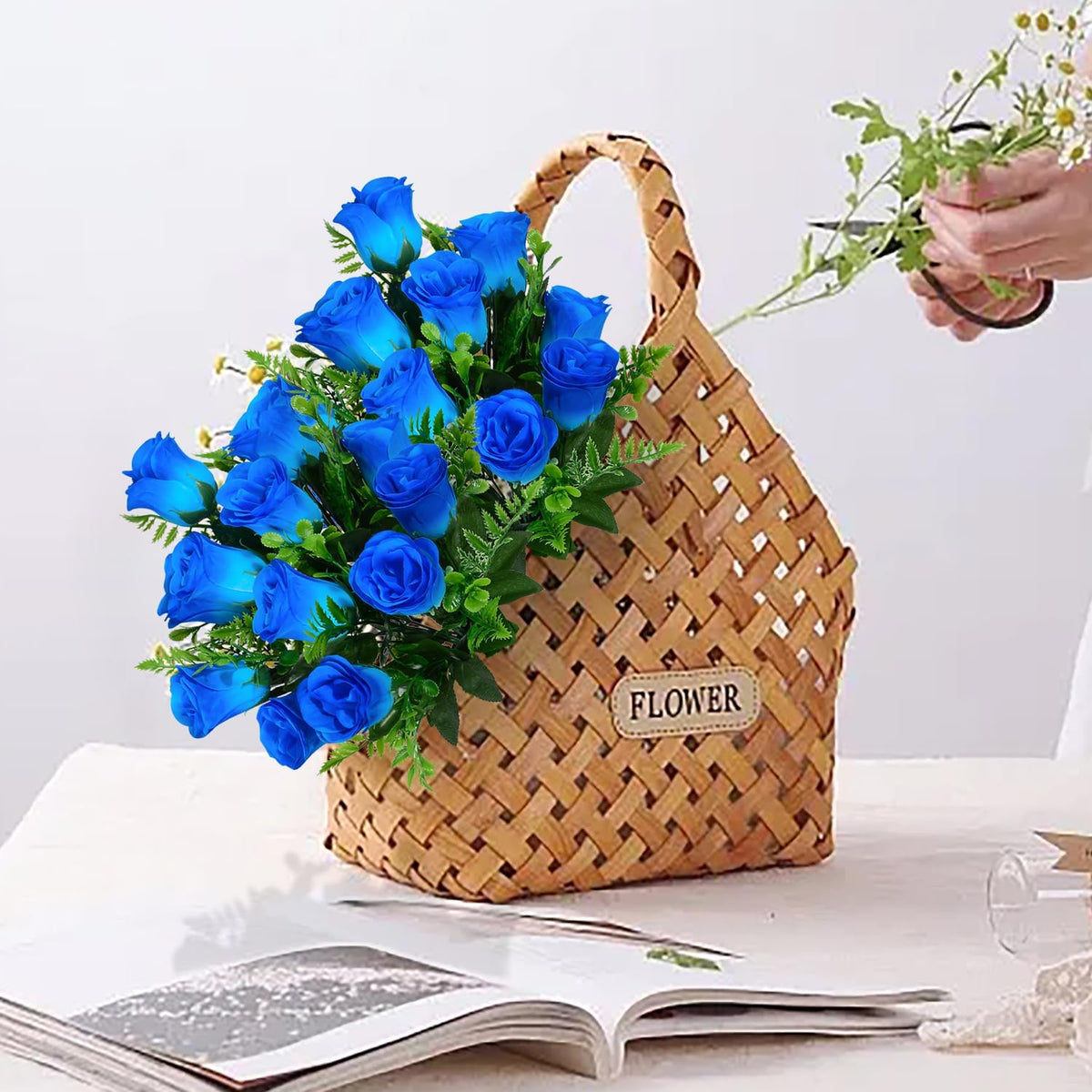 Artificial Rose Flowers Bouquet Realistic Silk Rose Fake Flowers for Wedding Home Centerpieces Party Cemetery Grave Decoration (4 Bouquets, Blue)