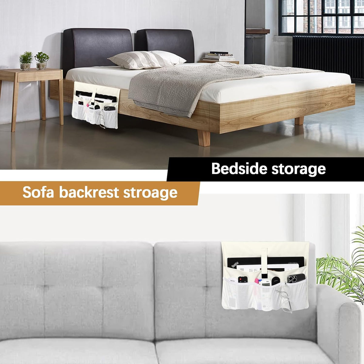 WOMACO Sofa Armrest Remote Magazine Holder, Non-Slip Armchair Recliner Caddy, Couch Arms TV Remote Control Organizer for Tablet, Phone, iPad, Laptop (Ivory, 16" x 35")