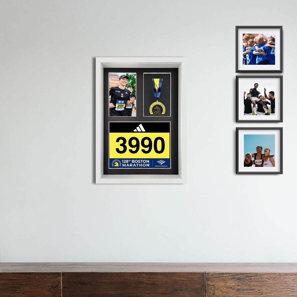 3-in-1 Shadow Box Display with Real Glass (Medal, Race Bibs, and Photo Display) – Marathon Medal Display and Frame, Triathlon & Running Bib Holder, Wall-Mounted, Real Tempered Glass- White
