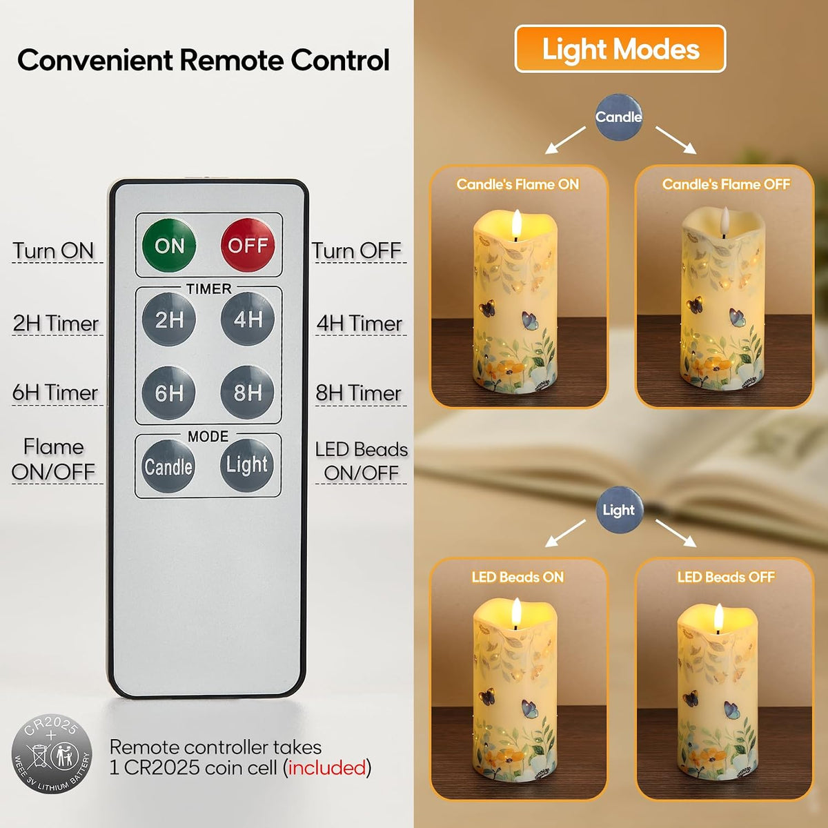 Eywamage Butterfly Fiber Optic Flameless Pillar Candles with Remote 3 Pack