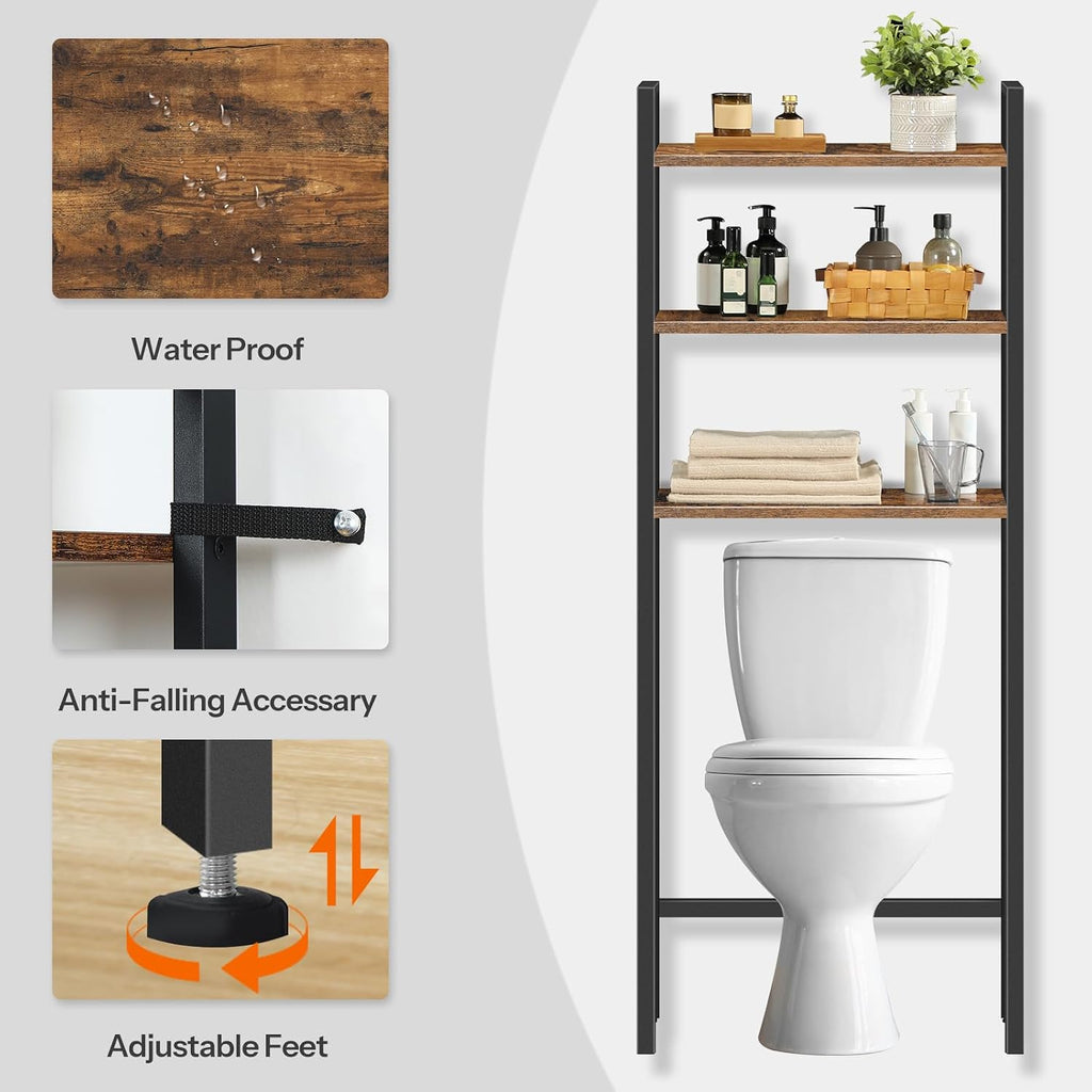 HOOBRO Over The Toilet Storage, 3-Tier Bathroom Organizer Shelf Over Toilet, Freestanding Bathroom Storage Shelves, Space Saver, Easy to Assemble for Room, Rustic Brown and Black BF41TS01