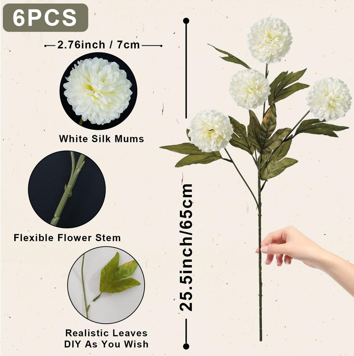 6PCS Cream Mums Long Stem Faux Fall Flowers Realistic Artificial Fall Flowers Indoor 25.5" Faux Silk Mums Flower Stems for Vases Flowers Artificial for Decoration Farmhouse Home Decor