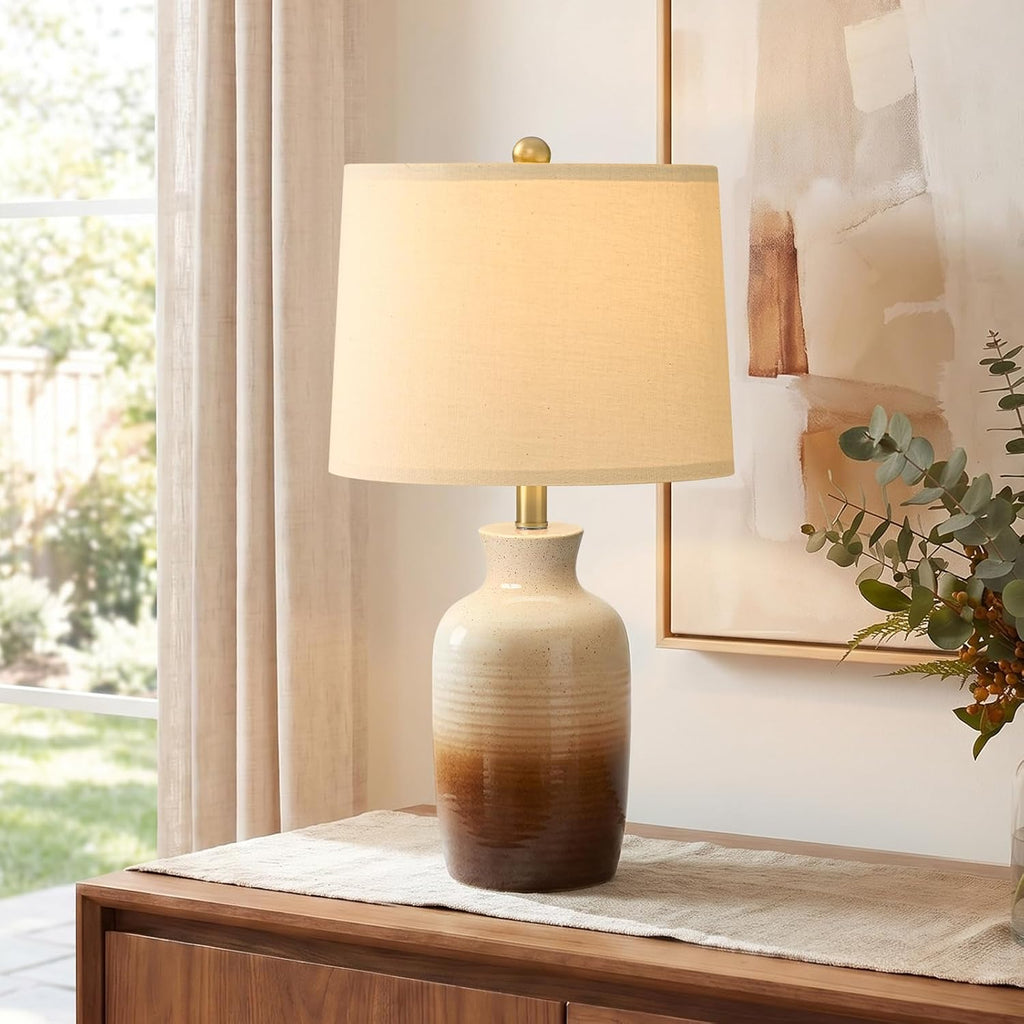 PoKat 24'' Farmhouse Handcrafted Table Lamp for Living Room, Rustic Ceramic Bedroom Lamps for Night Stands, Bedside Lamps with Soft Ombre Finish for Entryway Sideboard End Table (Beige and Brown)