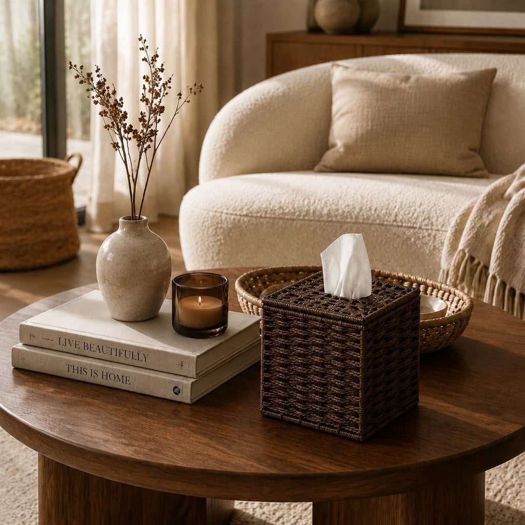 Tissue Box Cover, Hand Woven Square Tissue Box Holder, Dark Brown