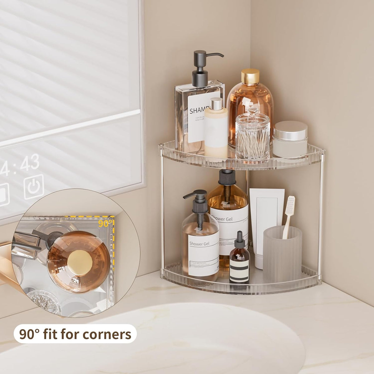 2 Tier Corner Bathroom Counter Organizer, Clear Vanity Makeup Storage Shelf