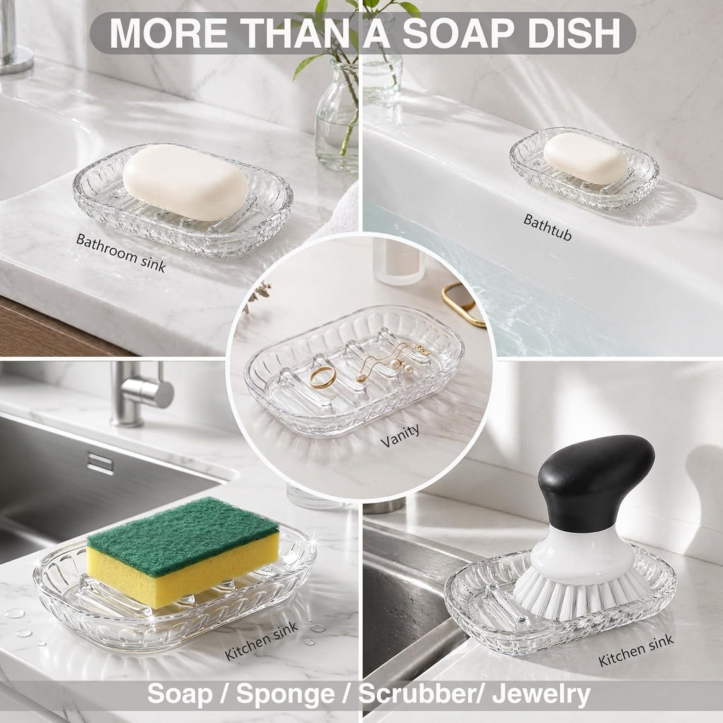 3 Pack Clear Soap Dish for Shower, Plastic Soap Holder for Bar Soap, Transparent Soap Saver Tray for Bathroom Shower, Kitchen Sink, Bathtub, Raised Ridges Soap Dish with Drainage, Minimalist Design