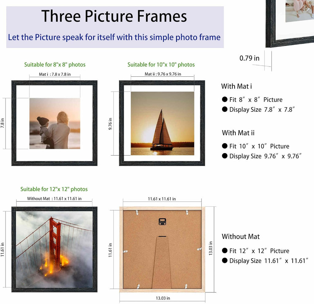 12x12 Frame,Solid Wood,Display Pictures 8x8,10x10 with Mat or 12x12 Without Mat,Square Picture Frame for Wall Mounting or Tabletop (Black,Single)
