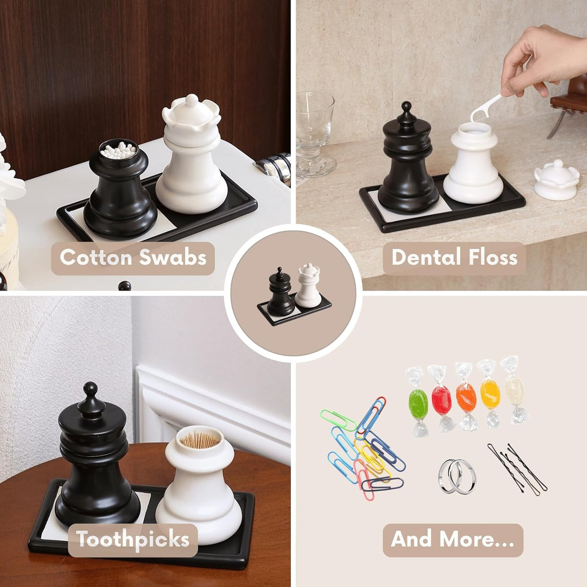 Ceramic Chess Qtip Holder Set, King & Queen Storage Jars