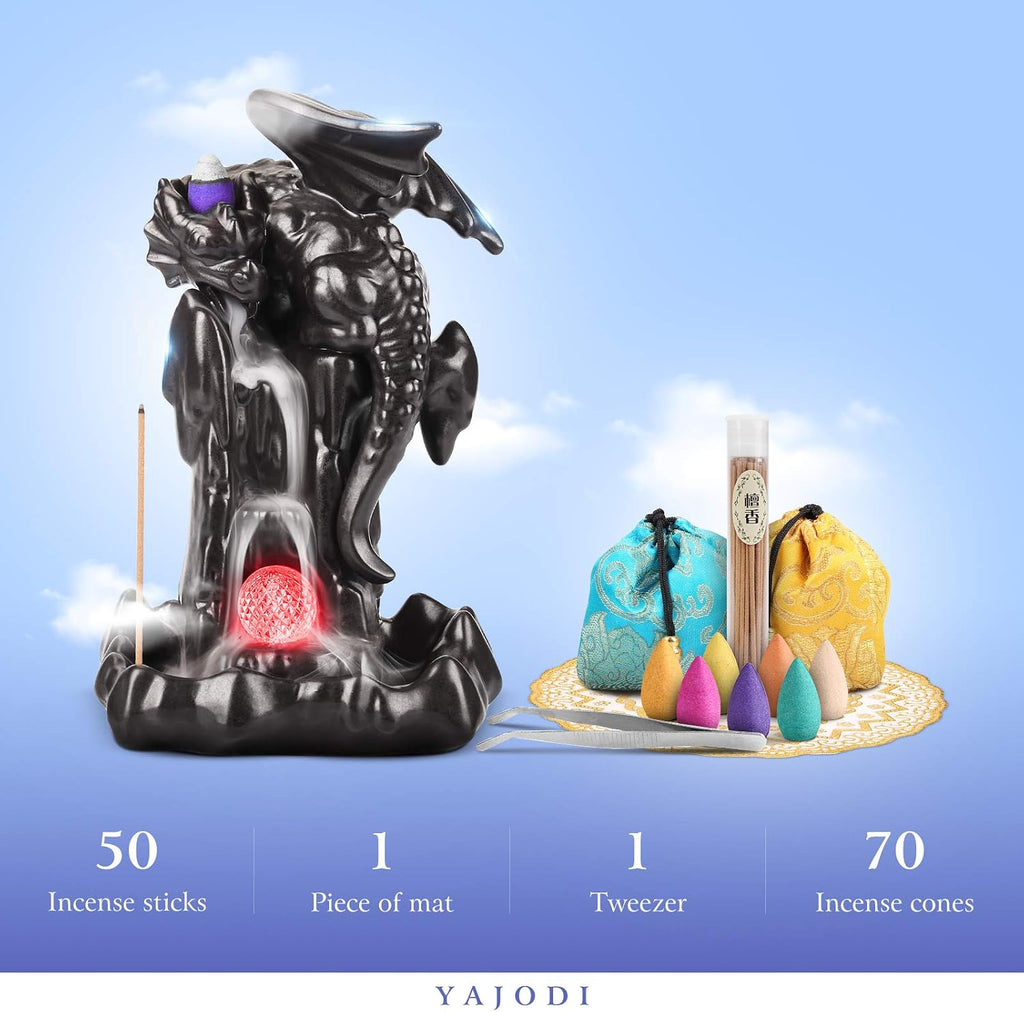Dragon Backflow Incense Holder Waterfall Incense Burner, Smoke Incense Holder,with 70 Backflow Incense Cones+50 Incense Stick,1 Mat,1 Tweezers Ornament Home Decor（Black Brown）