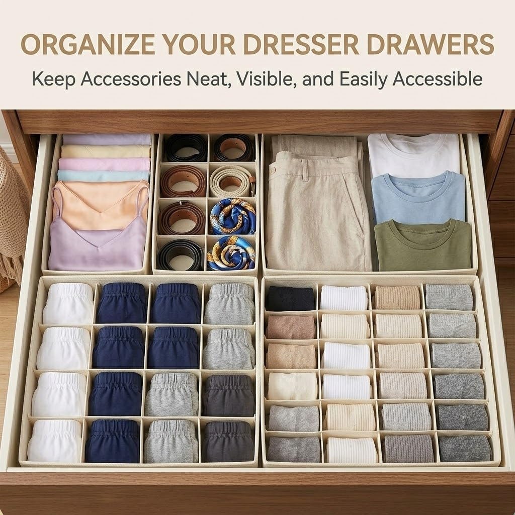 Lourome Underwear Drawer Organizer, 10-Pack, for Socks, Bras, Off-White