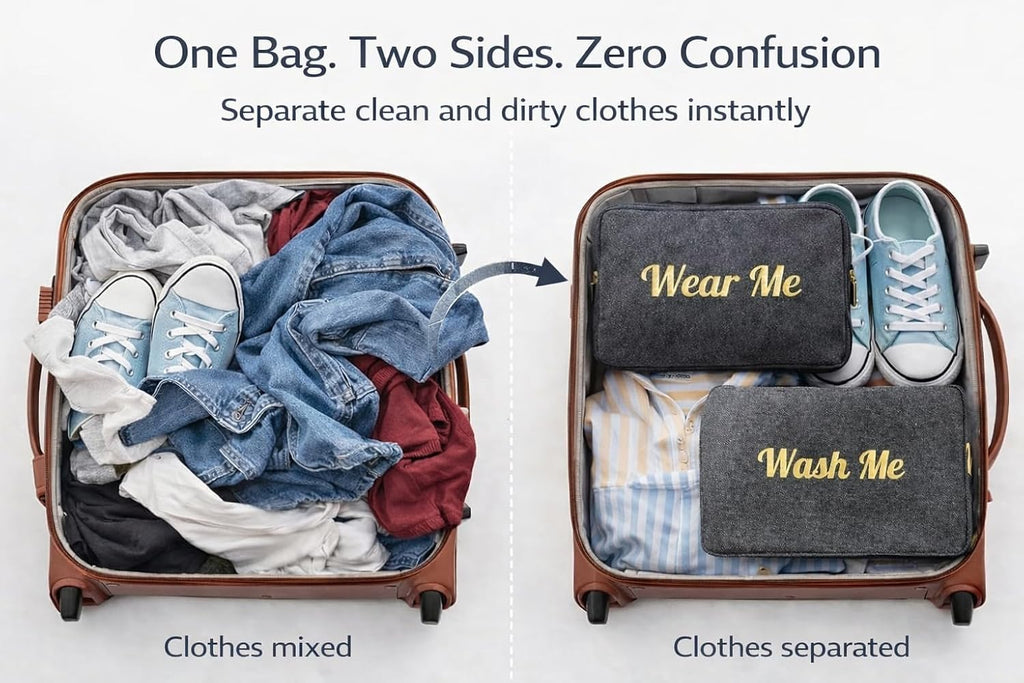 Travel Fanatics Wear Me Wash Me Travel Laundry Bag - 2-Sided Clean and Dirty Clothes Organizer Pouch for Suitcase, Carry-On and Trips