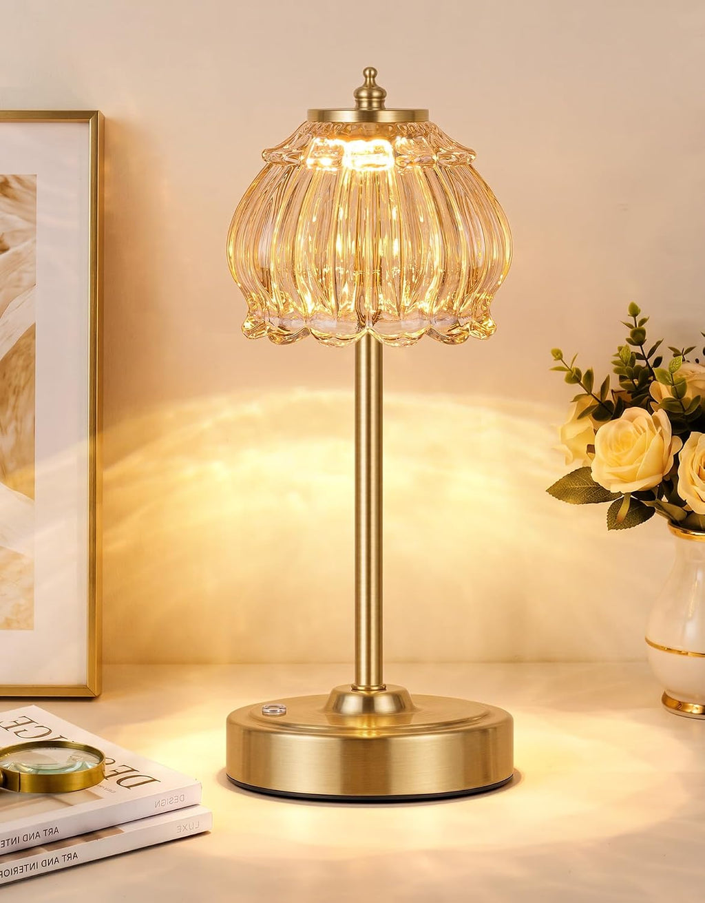 ROTTOGOON Cordless Table Lamp, Glass Rechargeable Battery Operated Lamp, 3-Way Stepless Dimming Touch Lamps, Small Glass Bedside Nightstand Light for Bedroom Dining Table Living Room