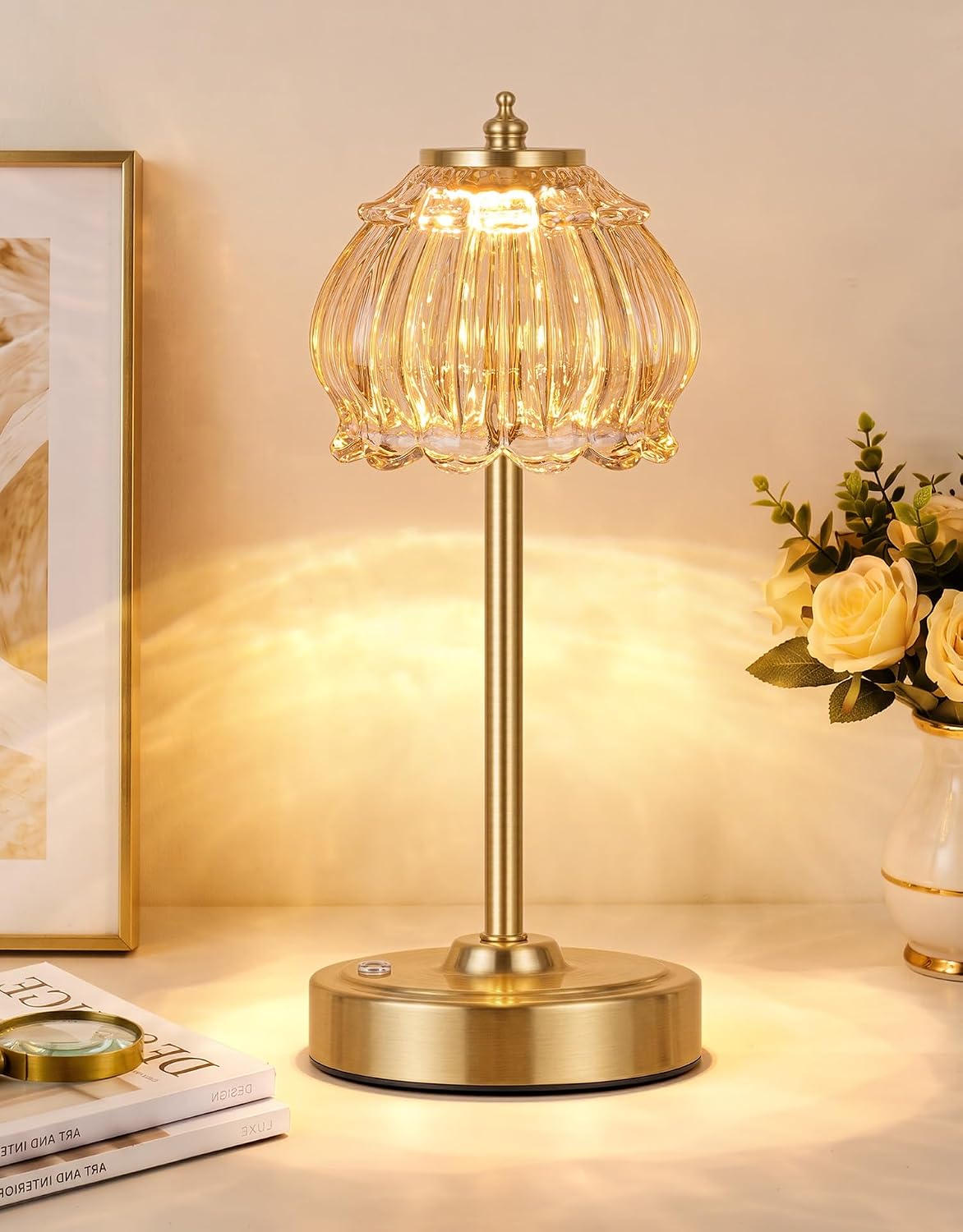 ROTTOGOON Cordless Table Lamp, Glass Rechargeable Battery Operated Lamp, 3-Way Stepless Dimming Touch Lamps, Small Glass Bedside Nightstand Light for Bedroom Dining Table Living Room