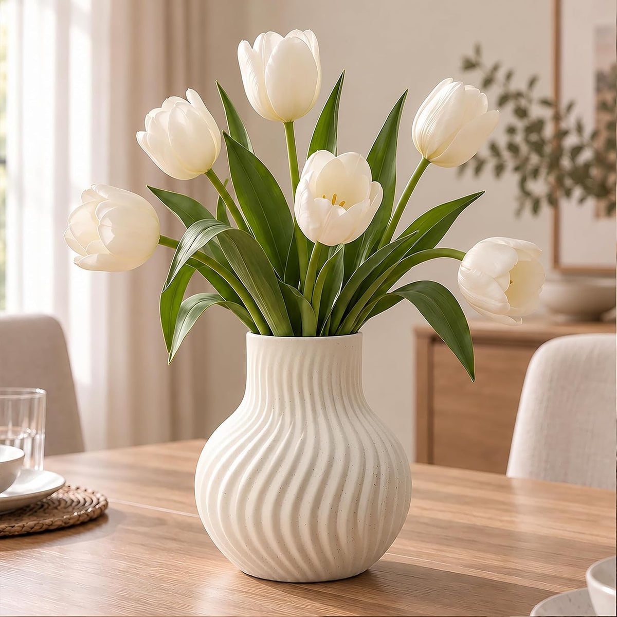 White Ceramic Flower Vase, Modern Ribbed Flower Vase for Pampas Grass