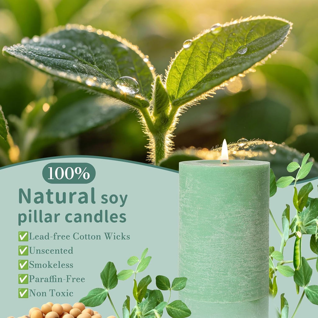 Sage Green Pillar Candles 6 Pack,2.8x4 Inch Unscented Soy Wax