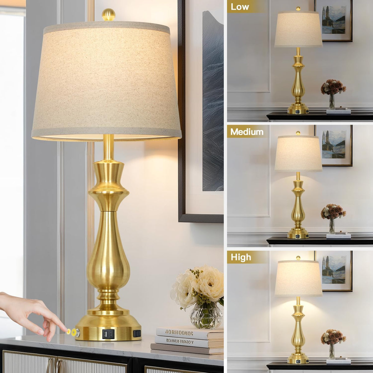 Modern Gold Table Lamps Set of 2 for Living Room,30" Tall Bedside Lamp with USB Charging Port,3-Way Dimmable Touch Nightstand Lamp for Bedroom Desk Side Table Office,Gold