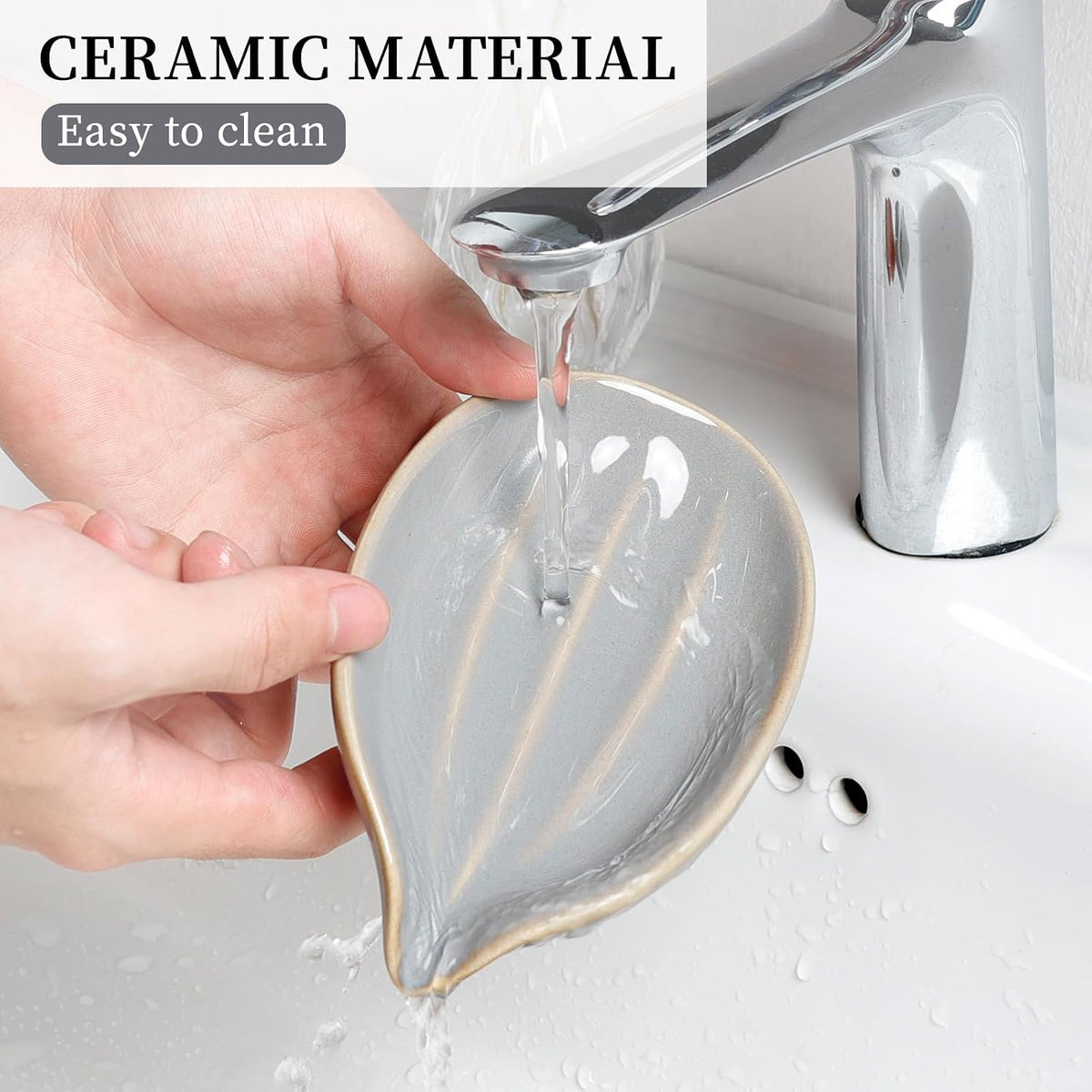 Soap Holder, Self-Draining Soap Dish, Leaf Shape Ceramic Bar Soap Holder Drain Soap Dishes for Bathroom Sink Kitchen, Easy to Clean Keeps Soap Dry, ANTIS'S HOME