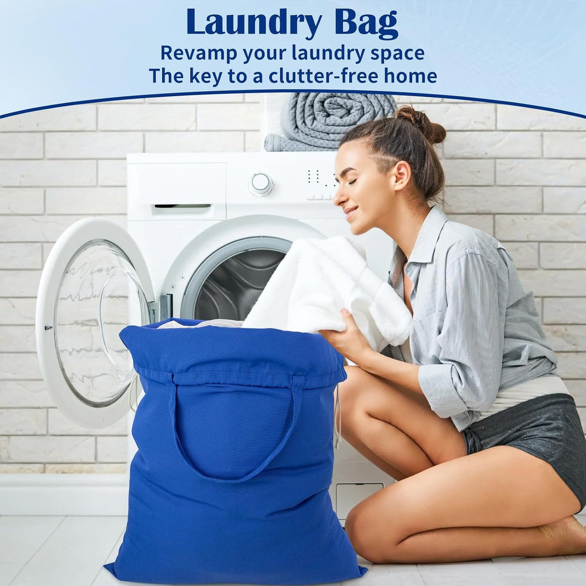 Laundry Bag with Handles & Drawstring Closure, 27.6"Wx35"H Blue, 1Pack