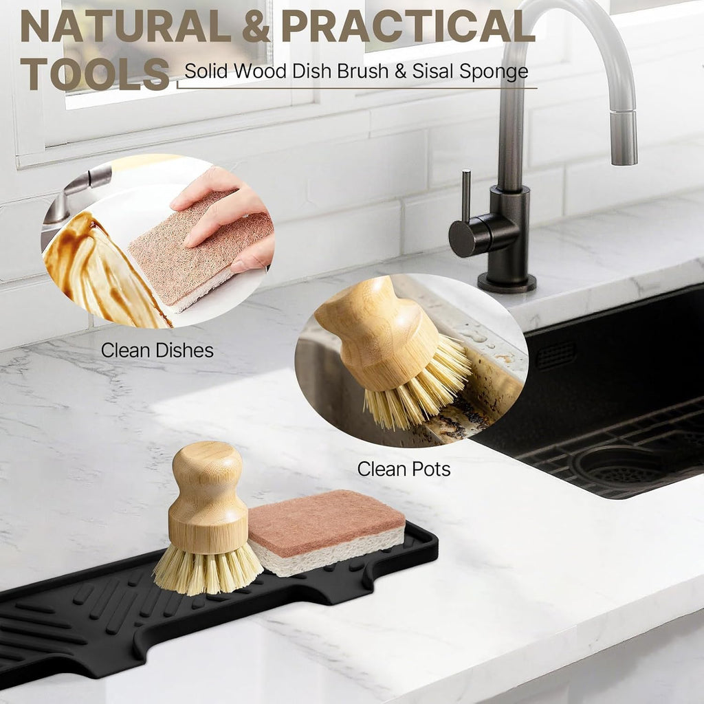 Kitchen Soap Dispenser Set with Self Draining Silicone Tray, Brush, Sponge