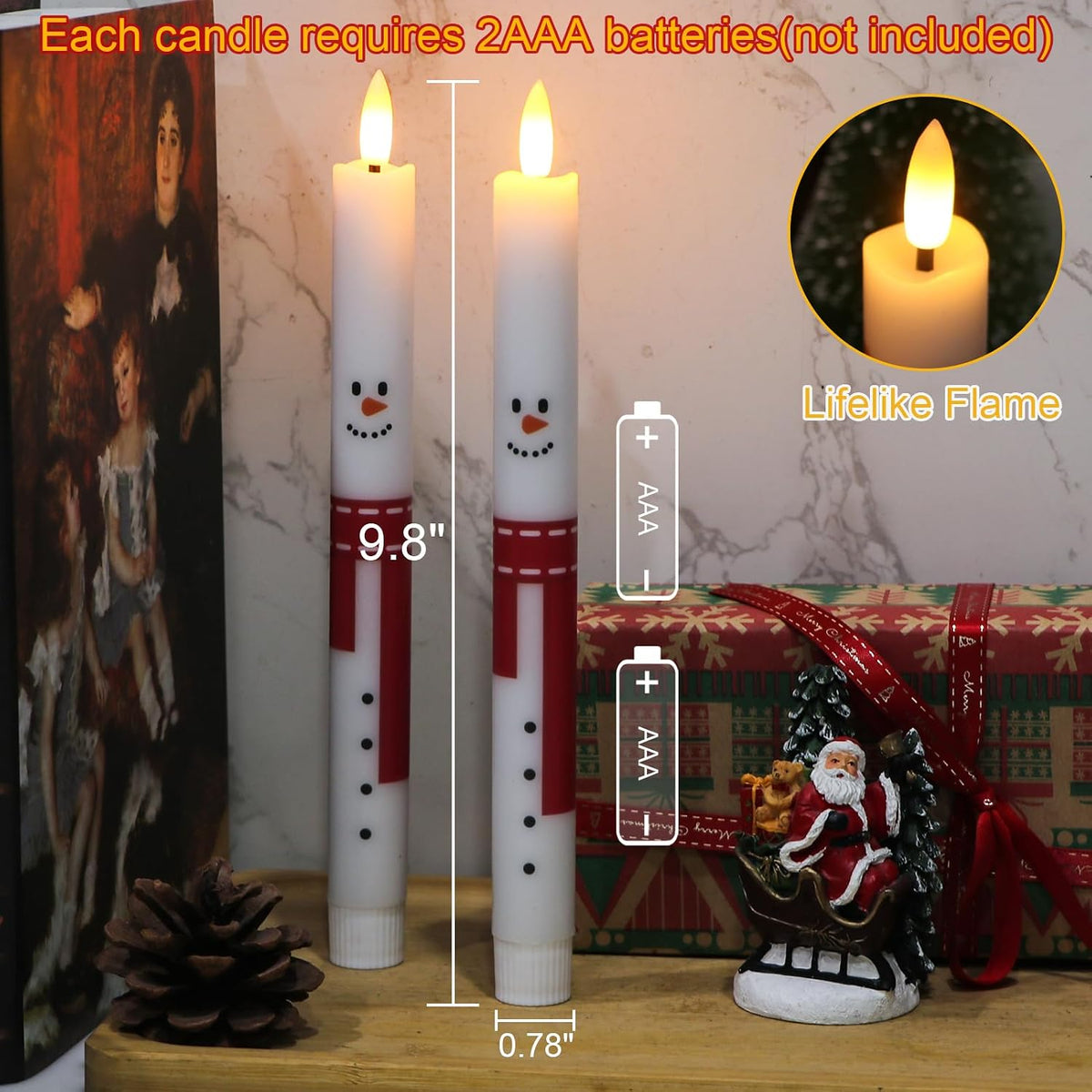 Snowman Christmas Flameless Taper Candles with Remote Timer