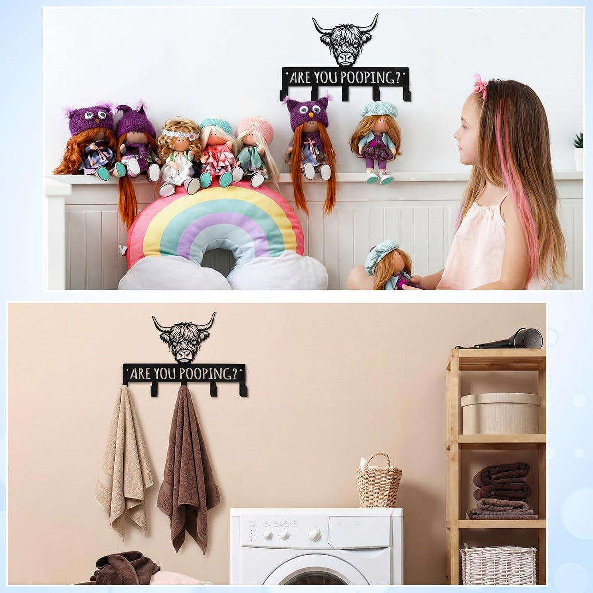 Kathfly Classic Highland Cow Over Door Towel Rack 5 Hooks Black
