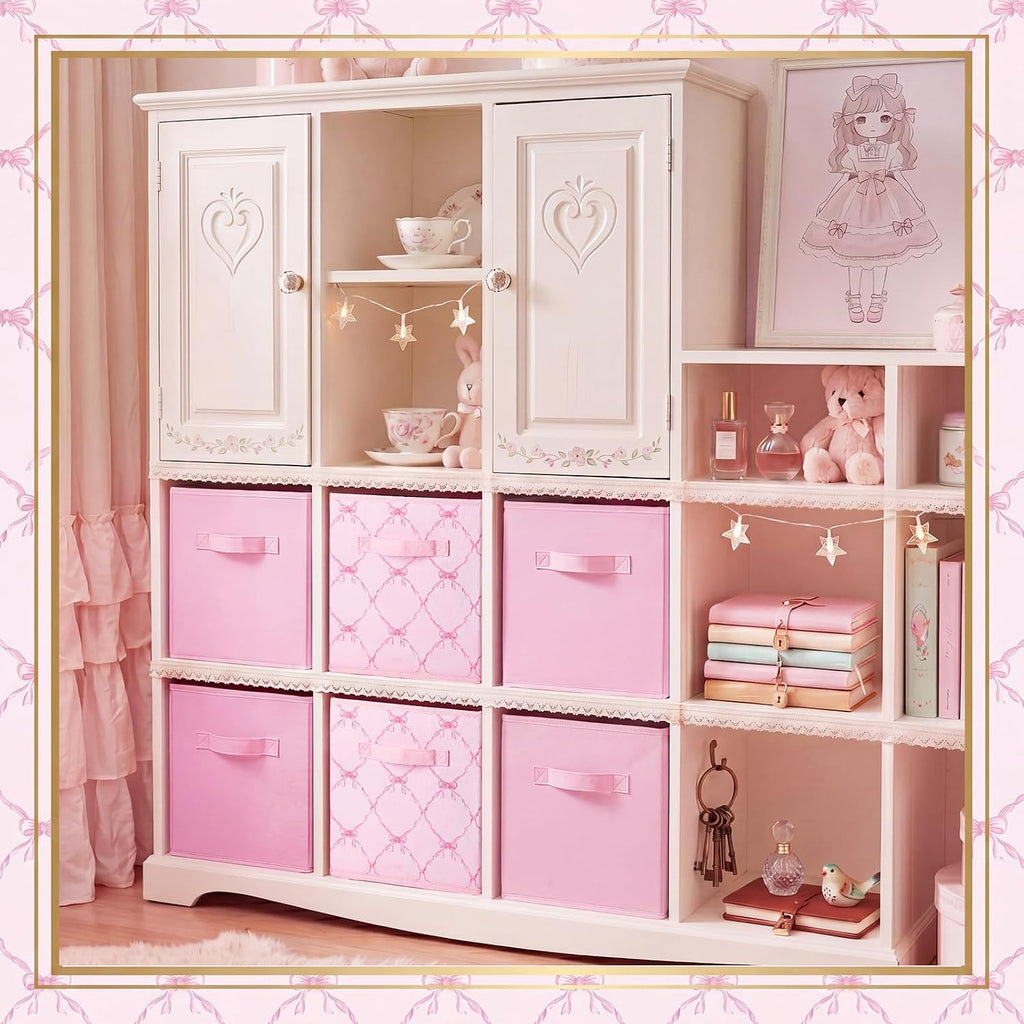 Geelin 6 Pcs Pink and Pink Bow Cube Storage Bins 11 Inch Storage Basket