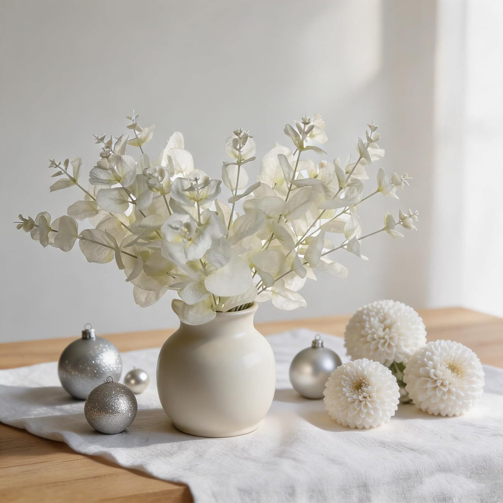Tinsow 5 Pcs Artificial Eucalyptus Branches Real Touch Leaf Stem White Faux Eucalyptuses Wedding Bouquet Centerpiece Christmas Home Decor (White and Beige Mix, 5)