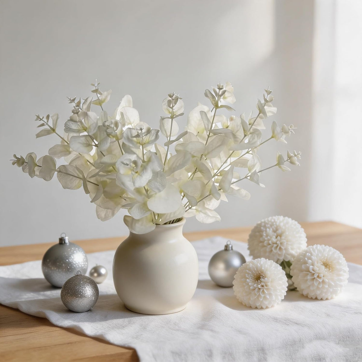Tinsow 5 Pcs Artificial Eucalyptus Branches Real Touch Leaf Stem White Faux Eucalyptuses Wedding Bouquet Centerpiece Christmas Home Decor (White and Beige Mix, 5)