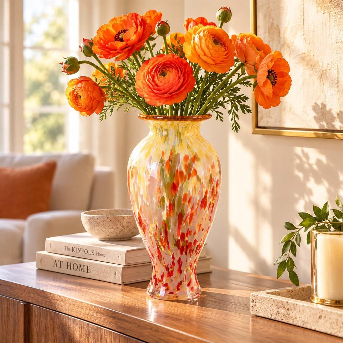 11.8" Tall Glass Vase Beautiful Hand Blown Glass Vase Modern Art Home Decor, Wide Mouth Colorful Vases for Mantle Dining Table Centerpiece, Entryway Living Room Wedding Decoration (Amber Swirl)