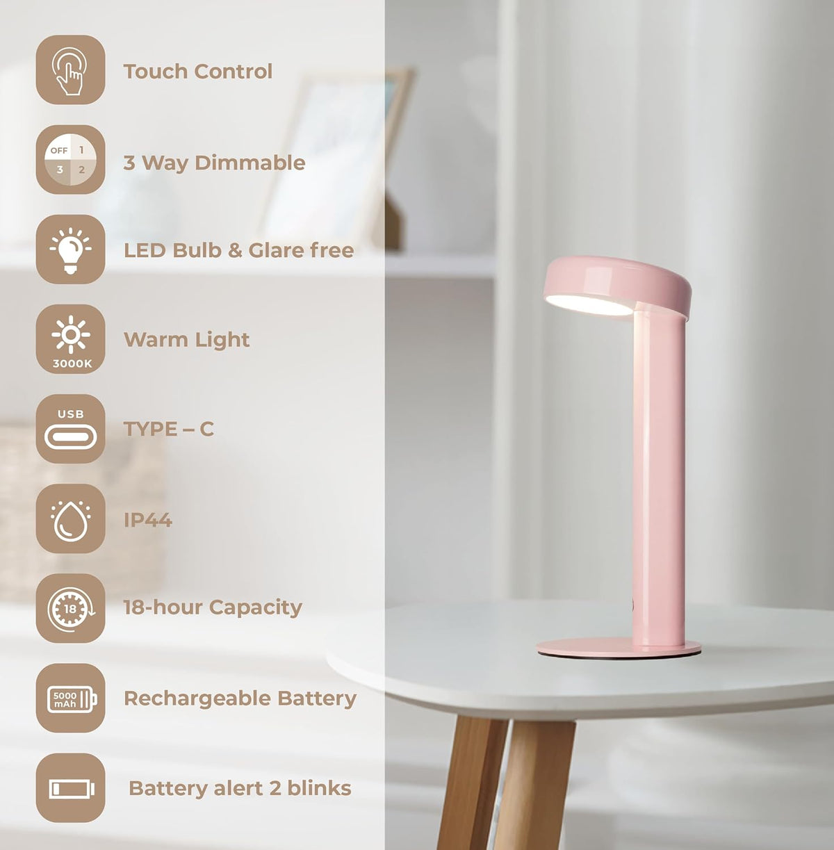 Owlpack Moovit Cordless Rechargeable LED Table Lamp with Adjustable Dimmer - Gold