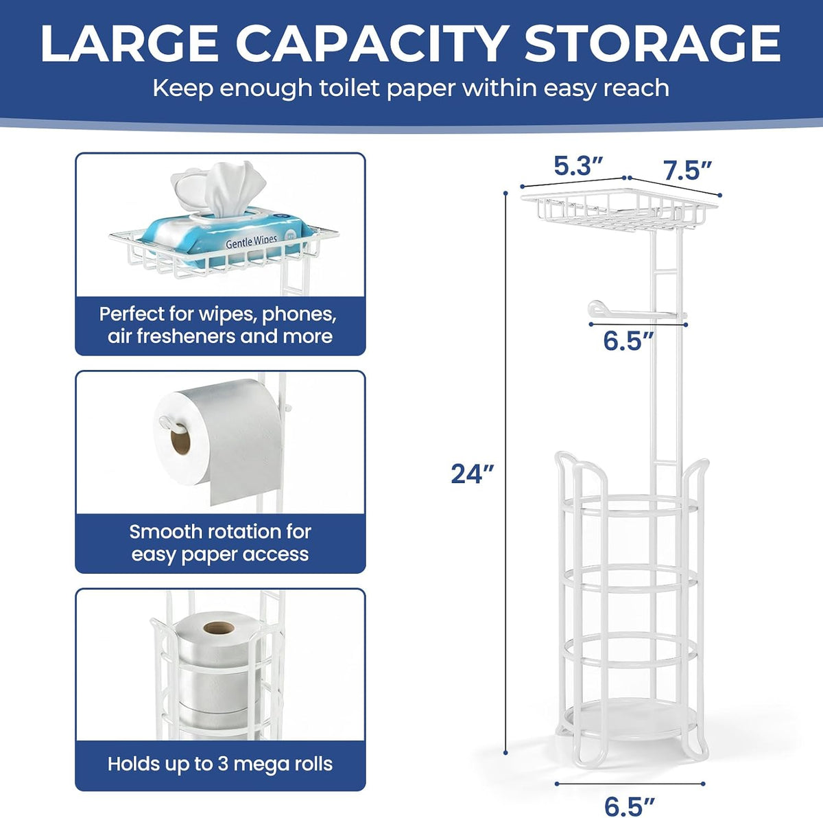 [Upgrade] Toilet Paper Holder Stand Nautical Bathroom Tissue Holders Free Standing with Top Shelf Storage Mega Rolls/Phone/Wipe-Ivory White