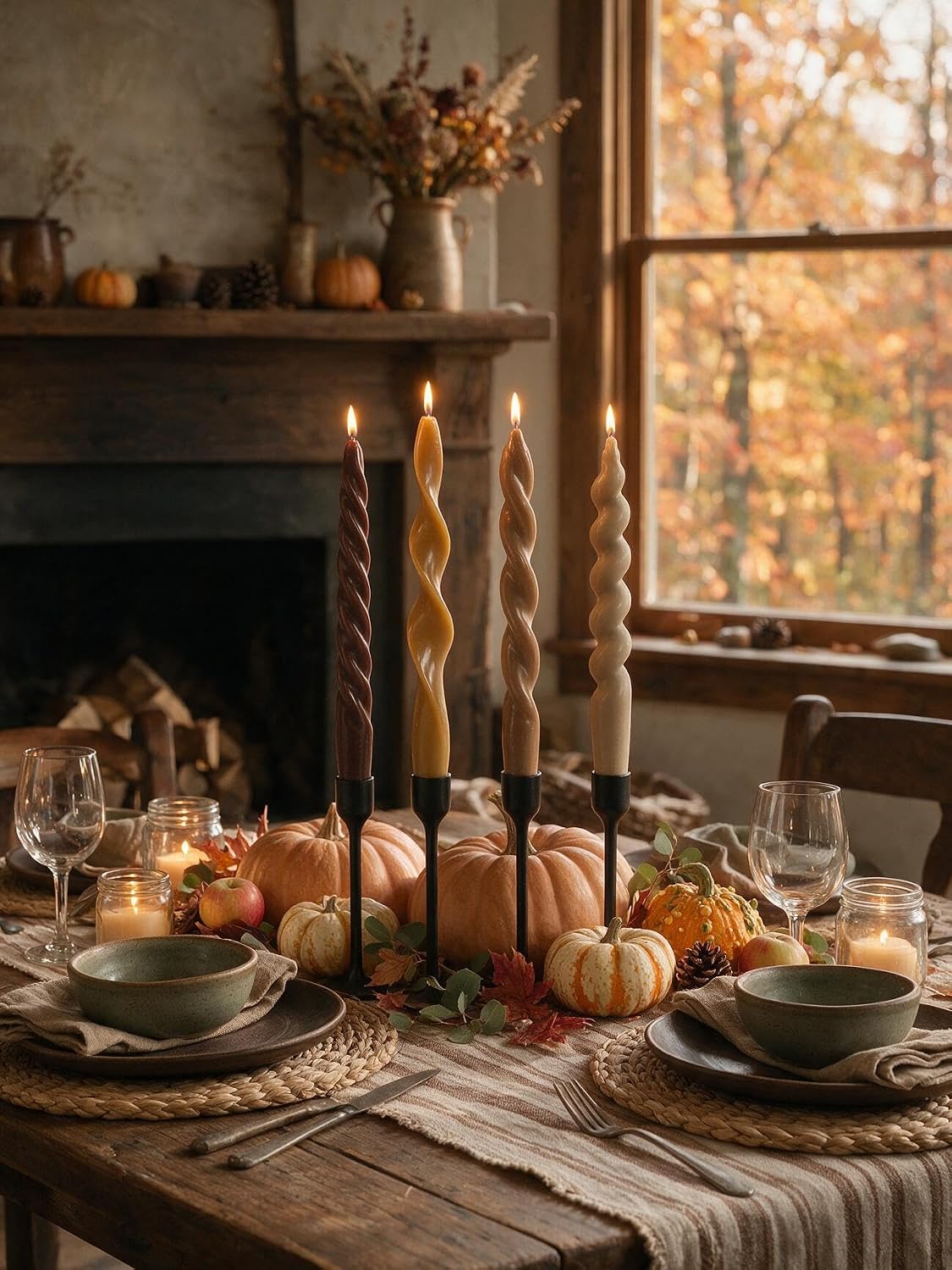 Spiral Taper Candles Brown Short Candle Sticks Unscented Smokeless Twisted Candlesticks for Fall Decor Holiday Dinner Party Christmas Decorations-7.5inch-4pack